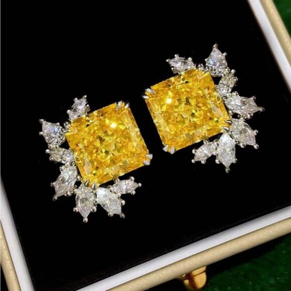 Yellow Radiant Cut Crystal Stud Earrings W/ CZ Halo 1.6cm X 1.3cm Elegant Square - Picture 2 of 4